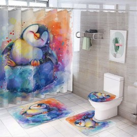 TOWINSFB 4Pcs Colorful Antarctic Penguin Shower Curtain Sets Bathroom Decor, Cartoon Animal Watercolor Shower Curtain with Non Slip Rug, Toilet Lid Cover, Bath Mat and 12 Hooks 72W x 72L