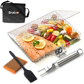 Stainless Steel Large Grill Basket with Removable Handle, Easy Open/Close Lid, Included Silicone Basting Brush & Steel-fiber Scrub Sponge - Perfect for Outdoor Cooking, BBQ, and Camping (12.25 x 9.5 x 1.5 Inches)