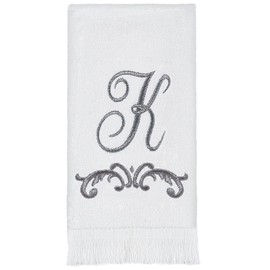 Avanti Linens - Monogram Embroided Fingertip Towel, 100% Cotton Bathroom Decor, K-Scroll, White/Pewter