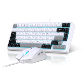 Snpurdiri Wired Keyboard and Mouse Combo,81 Keys Compact Mechanical Keyboard,Retro Round Keycaps Ice Blue Backlit Gaming Keyboard for Laptop,Easy to Carry on Business Trip (Black Grey White)