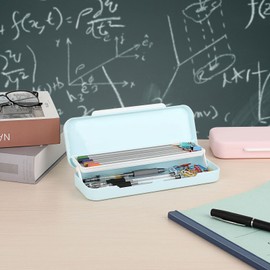 BSTKEY Plastic Double Layers Pencil Box with Lid, Blue Foldable Pencil Holder Organizer Pen Case, School Office Stationery Box for Pencil, Pen, Eraser, Ruler