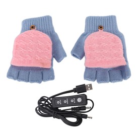 1 Pair Winter Knitted Fingerless Gloves Double Sided Heating USB Heated Gloves for Women Men Blue
