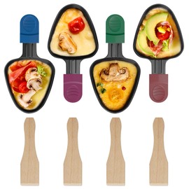 ipow 4 Stück Raclette Pfännchen Ersatz Mini Pfännchen Antihaftbeschichtet dreieckig für Raclette mit 4 Holzschaufeln und bunten Isoliergriffen