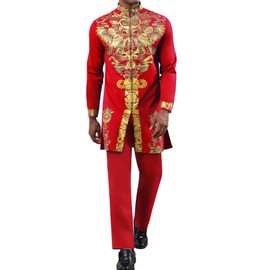 Mens African 2 Piece Set Zipper Nigerian Dashiki Metallic Shirt and Pants Outfit Gold Stamp Printed Long Traditional Suit
