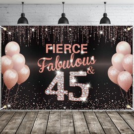 JOYKY Fierce Fabulous and 45 Banner, Rose Gold Happy 45th Birthday Party Decorations for Women, Forty Five Year Old Birthday Supplies Backdrop Décor for Her, 5.9 X 3.8 Fts