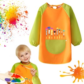 Techchii Painting Apron Children 7-12 Years, 130 ~ 145 cm Waterproof Painting Coat Child with Sleeves and Big Pockets Painting Coat School 1st Class Art Work Apron for Painting Girls Boys, Orange,