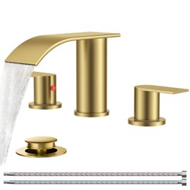 FORIOUS Upgrade Brushed Gold Bathroom Faucets 3 Hole, 8 Inch Widespread Waterfall Bathroom Sink Faucet Two Handle with CUPC Hose and Metal Pop-up Drain for Lavatory, Farmhouse, Rv Remodel