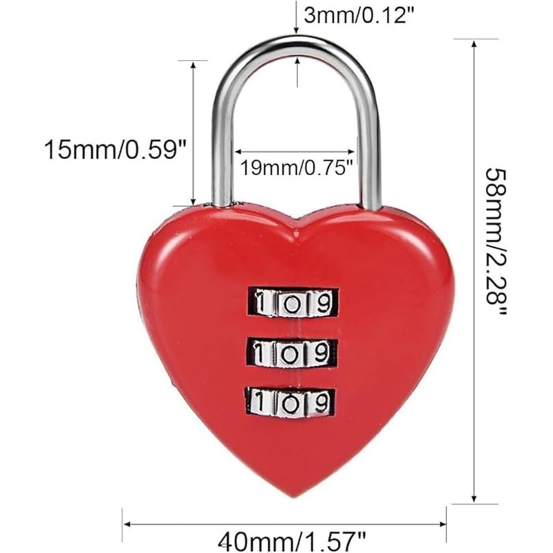 Combination Lock, Heart Shape 3 Digital Password Padlock, Mini Outdoor