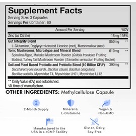 Codeage Gut Health Supplements Fórmula vegana – L Glutamina, Zinc, Turquía Cola Seta en polvo, Maitake, Micro algas, mineral, raíz de regaliz DGL – Probióticos, prebióticos – 180 cápsulas