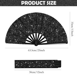 HINGTAI Black Plastic Glitter Fan with Strap Large Line Dance Fan Science Size for Men Women Suitable for Music Festivals, Dance Parties, Clubs and Other