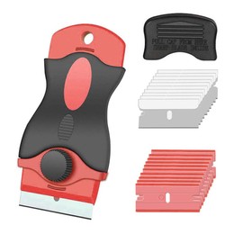 KILIGEN Professional Glass Cleaning Tools Pocket Scraper with 10 Pcs Non-Stick Steel Replacement Blades + 10 Plastic Blades,Creeper Sticker Gaskets and Glue Removal