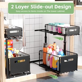 Under Sink Organizer, 2-Tier Sliding Pull out Metal Cabinet Organizer, 2 Pack Anti-slip heightening Large Capacity Heavy Load Under the Sink Storage for Kitchen,Bathroom,Desk,Counter (Black, 1 Pack)