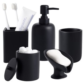 Resin Matte Black Bathroom Accessories Set of 5, Lotion Soap Dispenser, Bathroom Organizer Accessory, Toothbrush Holder, Self Draining Soap Dish and Bathroom Tumbler for Modern Home Decor
