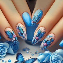 Blue Butterfly Press on Nails Almond Medium Floral Butterfies Pattern Blue Acrylic Fake Nail Full Cover Glossy Artificial Fingernails Spring Acrylic Nail Reusable 24Pcs Glue on Nails for Women