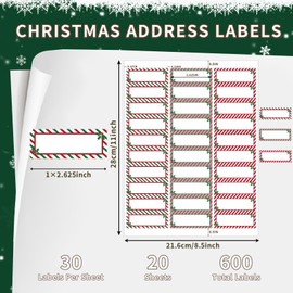 600 Pieces Christmas Address Labels 1 x 2.625 Inches Printable Christmas Address Labels Mailing Labels Compatible with Laser and Inkjet Printer