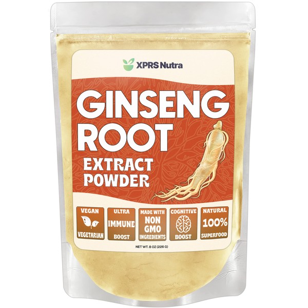 XPRS Nutra Ginseng Root Extract Powder - Ginseng Powder Supports Cognitive Function, Physical Performance, and Immune System - Vegan Friendly Panax Ginseng in Powder Form (8 Ounce)