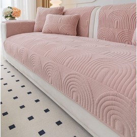 vctops Velvet Plush Couch Sofa Cover Geometric Quilted Sectional Couch Covers Non Slip Fluffy Soft Sofa Slipcover for Dogs, Children, Pets Furniture Protector (Pink,43"x94")