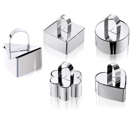 BAILIQI - Juego de 5 anillos para tartas de 3.15 pulgadas, con empujador de acero inoxidable (triángulo redondo de corazón de flor cuadrada) para postre y hornear moldes (incluye 5 anillos y 5