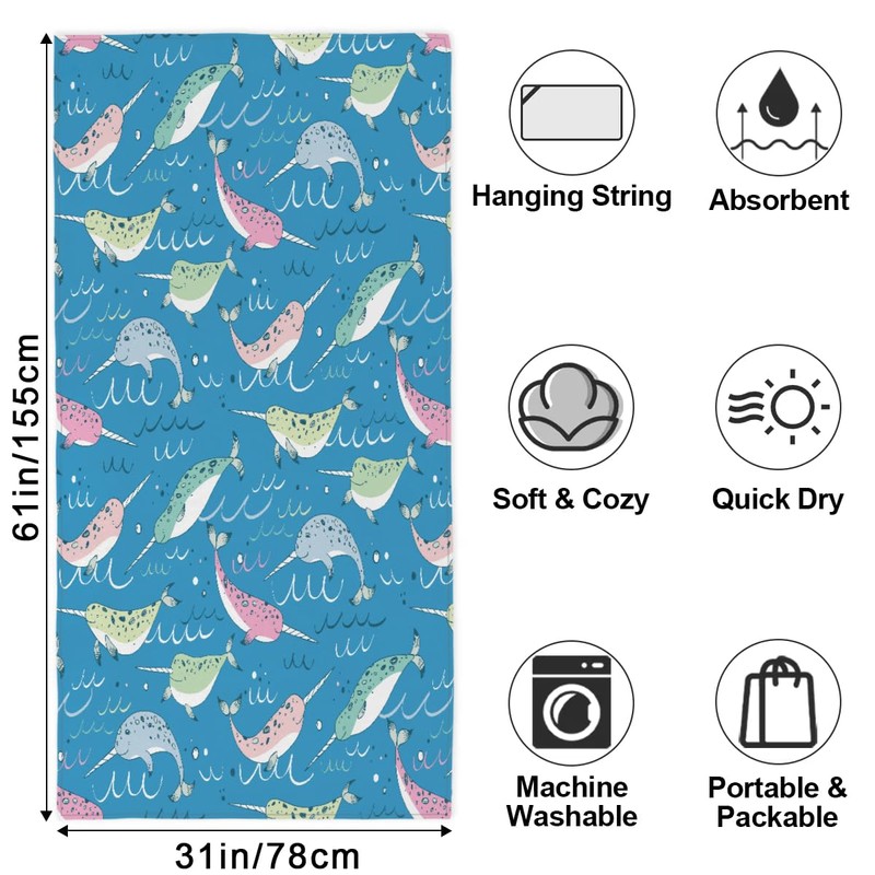Narwhal Beach Towel Lightweight Microfiber Pool Towels 31"x61" Absorbent Large