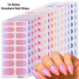 Gradient Gel Nail Art Strips 16 Sheets Full Wrap Self Adhesive Nail Polish Stickers for Women Fingernail Strip Nail Wraps DIY Mermaid Designs Nails Strips Sticker for Acrylic Manicure with File