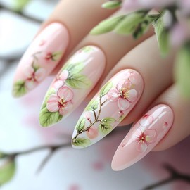 Peach Blossom Press on Nails Medium Almond Fake Nails Pink Gradient Glue on Nails Spring Flower Stick on Nails Glossy Artificial Nails Full Cover Acrylic False Nails Reusable Nails Kit for Women 24Pcs