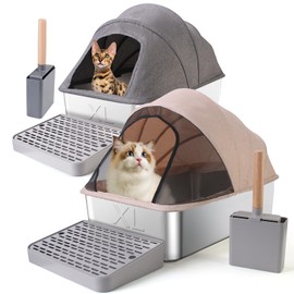 2 Pack Large(24 * 16 * 17" H) Stainless Steel Cat Litter Box with Lid, Extra Large Metal Litter Box for Big Cats, Litter Box Includes Litter Scoop Scoop Holder Footpad Easy Cleaning Non-Sticky