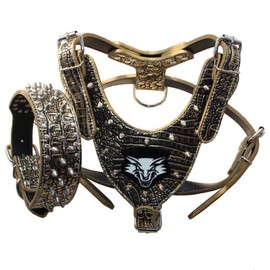 haoyueer Leather Dog Collar Studded Medium Large 2 Piece Matching Set for Pit Bull Mastiff Boxer Bull Terrier (Medium, Golden Brown-1)