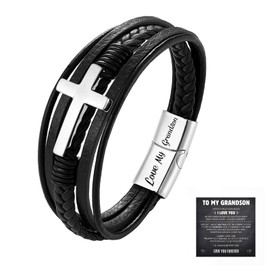 Angyape Grandson's Eternal Guardian Faith Bracelet, To My Grandson Cross Bracelets Stainless Steel Grandson's Bracelet from Grandma Birthday Christmas Jewelry(Silver)