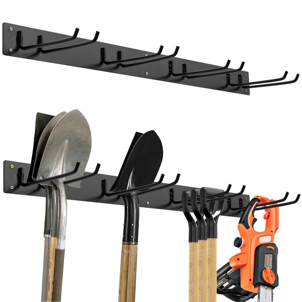 COSTWAY Tool Storage Rack, Wall Mounted Garage Storage Organizer with 4 Double Layer Hooks, Heavy Duty Garden Tool Organizer Utility Hanger for Shovels, Rakes, Brooms, Cords