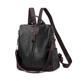 PORRASSO Women Backpack Anti-Theft Daypack Shoulder Bag with Earphone Hole Ladies Rucksack Waterproof PU Leather School Bag for Travel Work Black