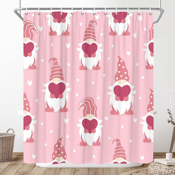 JONSEQIN Funny Gnome Shower Curtain Valentine's Day Red Love Heart