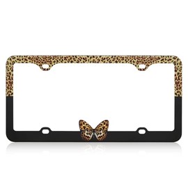 FantasHome Stainless Metal Car License Plate Frame Covers with 4 Holes - Unique Designs, Standard Size for U.S. and Canada (Leopard & Butterfly)