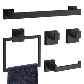 HAWKROWN 5-Piece Matte Black Bathroom Accessories Set, SUS304 Stainless Steel Wall Mounted 16 Inch Hand Towel Bar, Toilet Paper Holder, Towel Ring, Towel Hooks, Bathroom Hardware Set, Towel Bar Set | Hawkrown