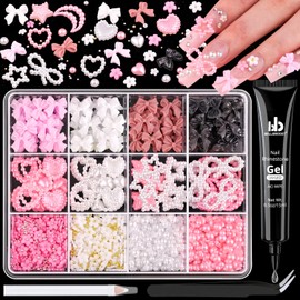 Chunky Nail Charms and Gems Set 2 with Rhinestone Glue, Girly Coquette Nail Charms + Assorted Pearl Bows Heart Star Moon + Cute 3D Flowers for Nails + Flatback Pearls with Tools for Kawaii Nail Design