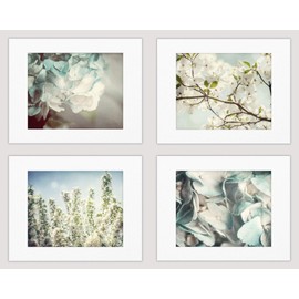 Lisa Russo Fine Art - Blue Shabby Chic Floral Wall Decor Flower Prints - Set of 4 - Not Framed - Pastel Blue, White (4 5x7 Prints with 8x10 Mats)