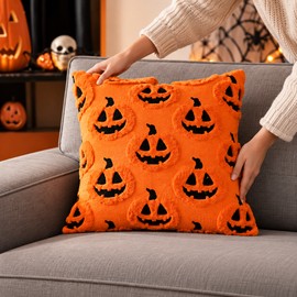 Orange Pumpkin Throw Pillow Cover for Fall Decor – Soft Plush 18x18 Inch Embroidered Cushion Cover for Sofa & Couch