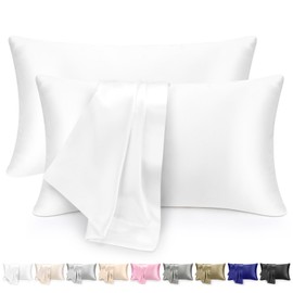 Satin Pillowcase for Hair and Skin, Silk Satin Pillowcase 2 Pack, Soft Silky Cooling Satin Pillow Covers with Envelope Closure (White, Queen(20"x30"))