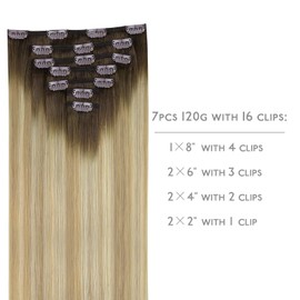 WENNALIFE Clip in Hair Extensions Real Human Hair, 18 Inch 120g 7pcs Human Hair Extensions Clip In Human Hair, Balayage Light Ash Brown to Light White Blonde Hair Extensions Clip In Real Hair Coloured