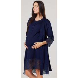 HAPPY MAMA Women's Maternity Nursing Nightdress Robe Set Lace Details 1281 (Navy, UK 8, S)