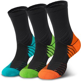 Hylaea Compression Running Socks for Men, Coolmax Anti-Blister Cushion Crew Socks for Athletic Basketball Tennis, Moisture Wicking & Seamless, Elite Orange Green Blue Medium