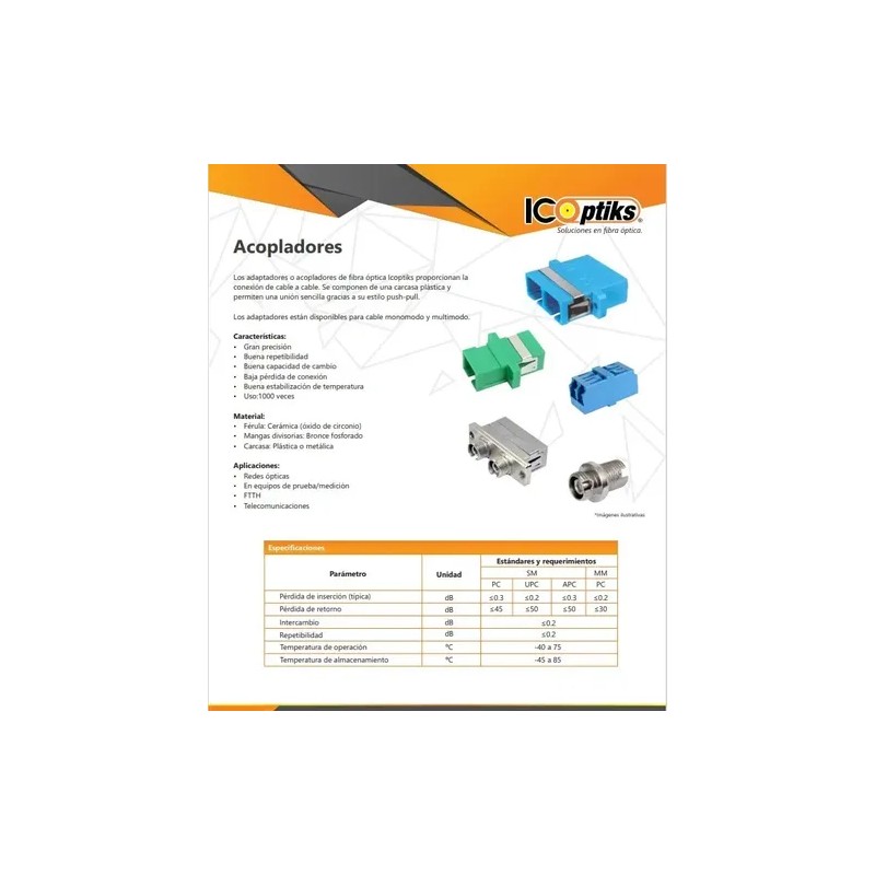 Acoplador adaptador Monomodo Scapc Con Alas Icoptiks