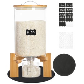 Famyards Glass Rice Dispenser with Wooden Stand Flour and Cereal Container with Glass Measuring Cup & Labels & Slider mat Pantry Food Organization Storage Bin with Airtight Bamboo Lid, 8L