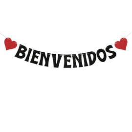 Bienvenidos Banner - Bienvenidos a Casa Sign, Spanish Welcome Bunting Sign, Fiesta Mexican Welcoem Home Party Decorations Black Glitter