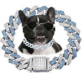 Blue Dog Chain, Diamond Cuba Link Dog Collar Metal Dog Necklace Cat Chains Pet Crystal Collars Jewelry for Small Medium Large Dogs Cats, 8-inch