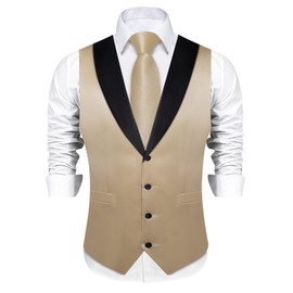DiBanGu Mens Shiny Satin Vest Tie Set 8PCS Solid Waistcoat and Pre-tied Bowtie Shawl Collar Dress Vest for Wedding Formal, Champagne, X-Large