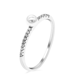Uloveido WE248 Women's 925 Sterling Silver Half Eternity Band Simulated Pearl Solitaire Accent Stackable Ring Anniversary Birthday Shell Powder Rings for Girls 1.2 g, Zirconia, Cubic Zirconia