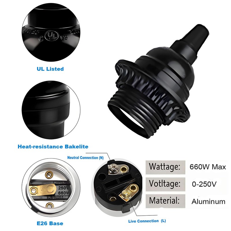 Keyless Medium Base Vintage Socket,Black Bakelite Socket E26/E27 Vintage Screw