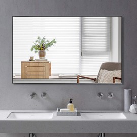 NeuType Wall-Mounted Mirror Rectangular Hanging Mirror Metal Framed Wall Mirror, Best for Bathroom, Washroom, Bedroom, Living Room (Black, 51"x32")