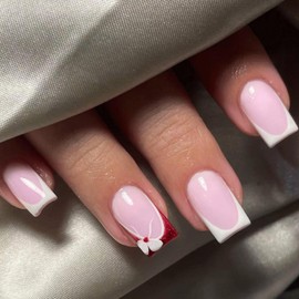 White French Tip Press on Nails Medium Square Fake Nails with Flower Charms Design Glue Cute False Nails Glossy Full Cover Stick Summer Acrylic for Women Manicure 24PCS