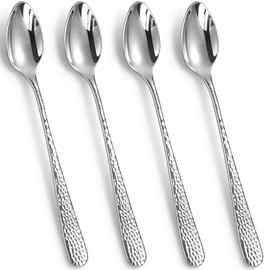 KEAWELL Premium Louise Hammered Long Handle Iced Tea Spoons: 4-Piece/8-Piece Set, 18/10 Stainless Steel, Long Teaspoons, Long Coffee Spoons, Brightly Mirror-Polished, Dishwasher Safe (4, 7.5 inches)